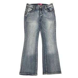 Telepatia Flare Jeans Size 29 Blue Medium Wash Mid Rise Whiskered Stretch Denim